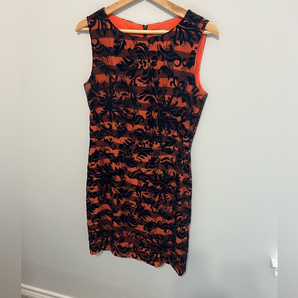 Cremieux // Lace Overlay Dress // Orange and Dark Navy // Size 6
